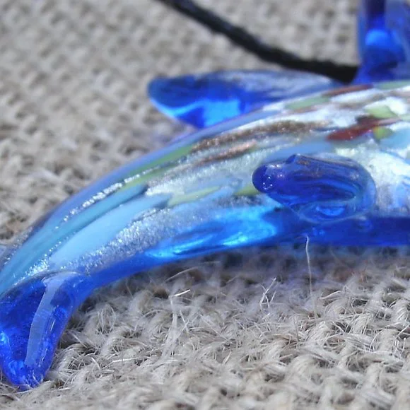 Murano Glass Blue Dolphin Pendant Necklace - Picture 15 of 15